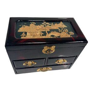 Vintage Oriental Wood Laquer Jewelry Box Red Silk Lining Mirror Carved Top